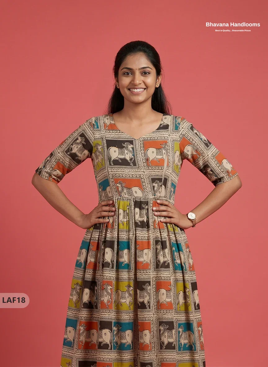 Feeding Frock with Kalamkari Design β Beige Color | Invisible Zips | Half Lining Maternity Wear