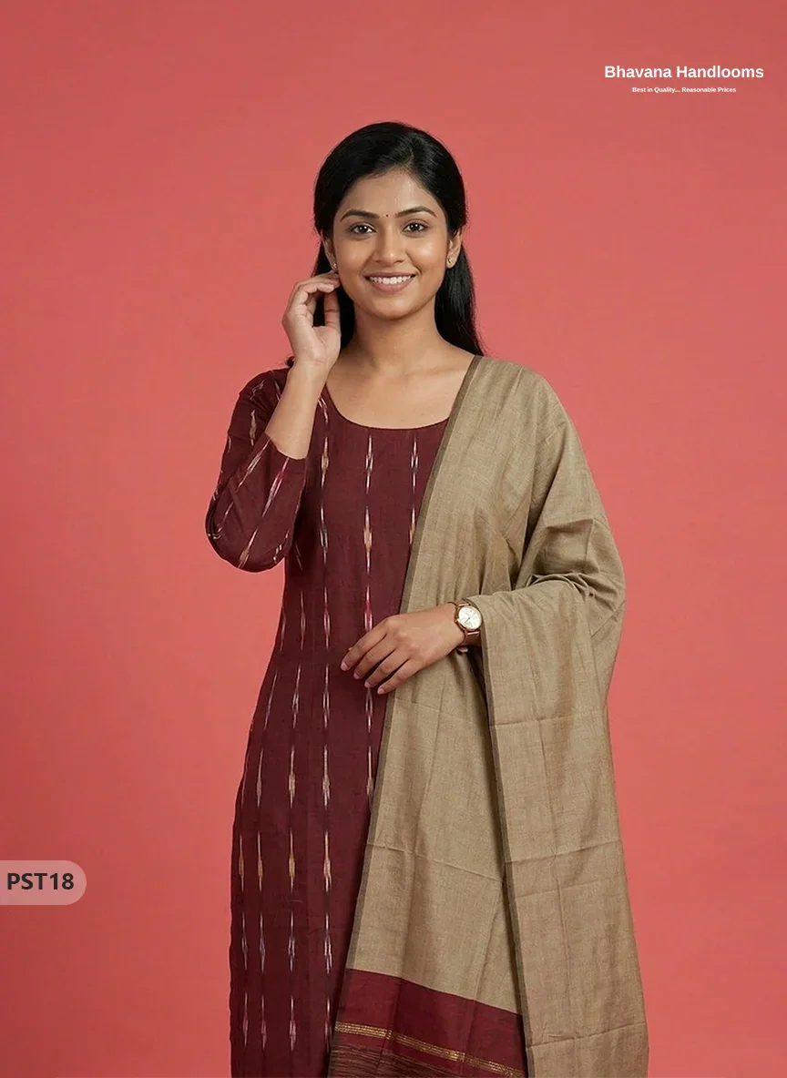 Pochampally Semi Pattu 3PC Kurti Set in Maroon Colour | Ready-to-Wear Ethnic Wear
