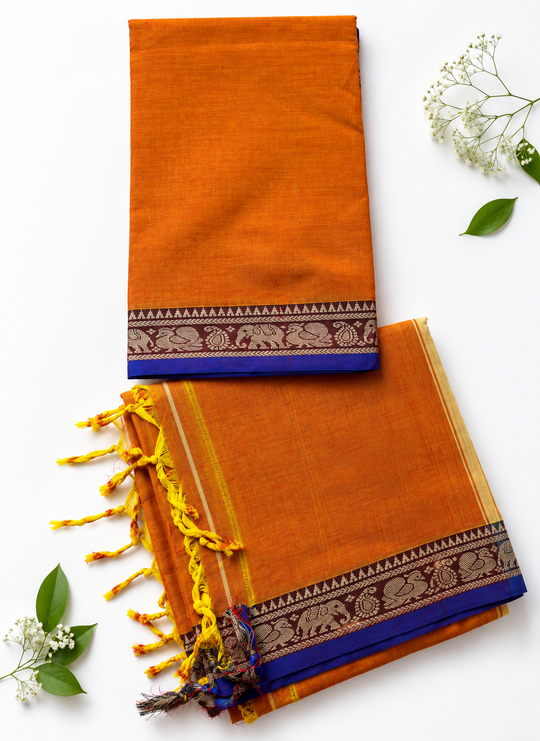 Traditional Wear Narayanpet Mercerised Cotton Dress Material with Orange Colour | Woven Border