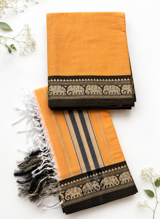 Traditional Wear Narayanpet Mercerised Cotton Dress Material with Peach Orange Colour | Woven Border