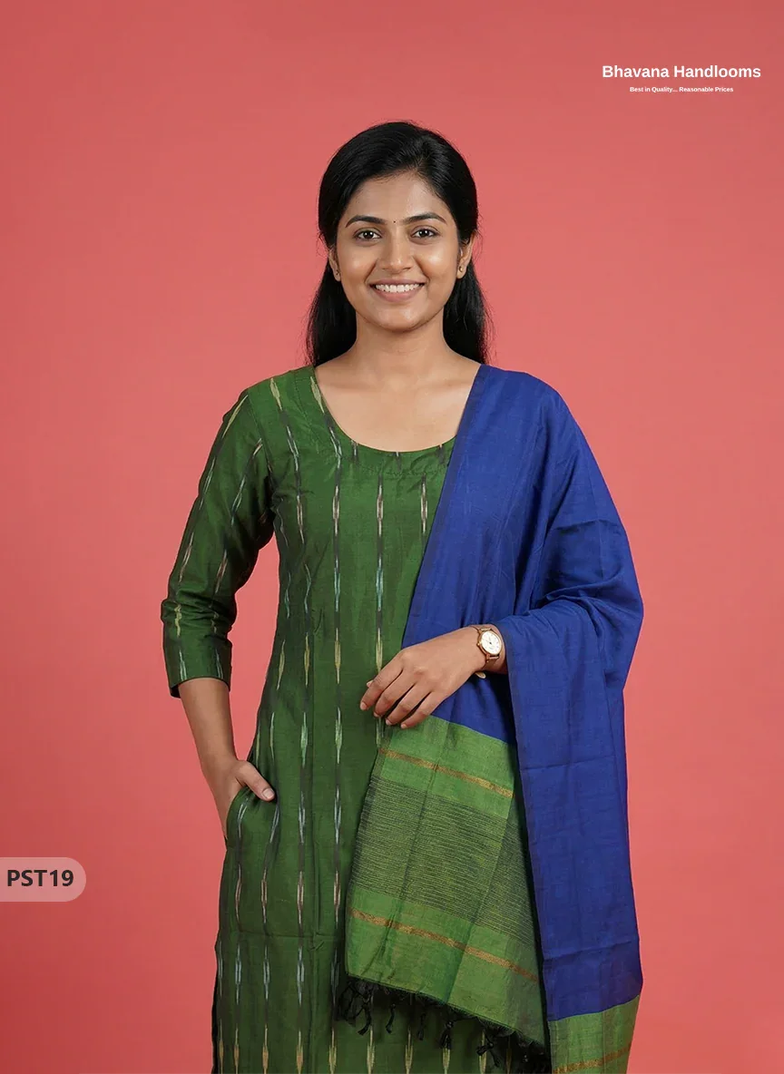 Pochampally Semi Pattu 3PC Kurti Set in Dark Green Colour | Ready-to-Wear Ethnic Wear