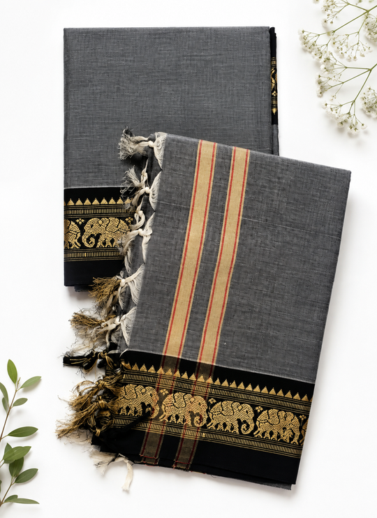 Traditional Wear Narayanpet Mercerised Cotton Dress Material with Charcoal Grey Colour | Woven Border