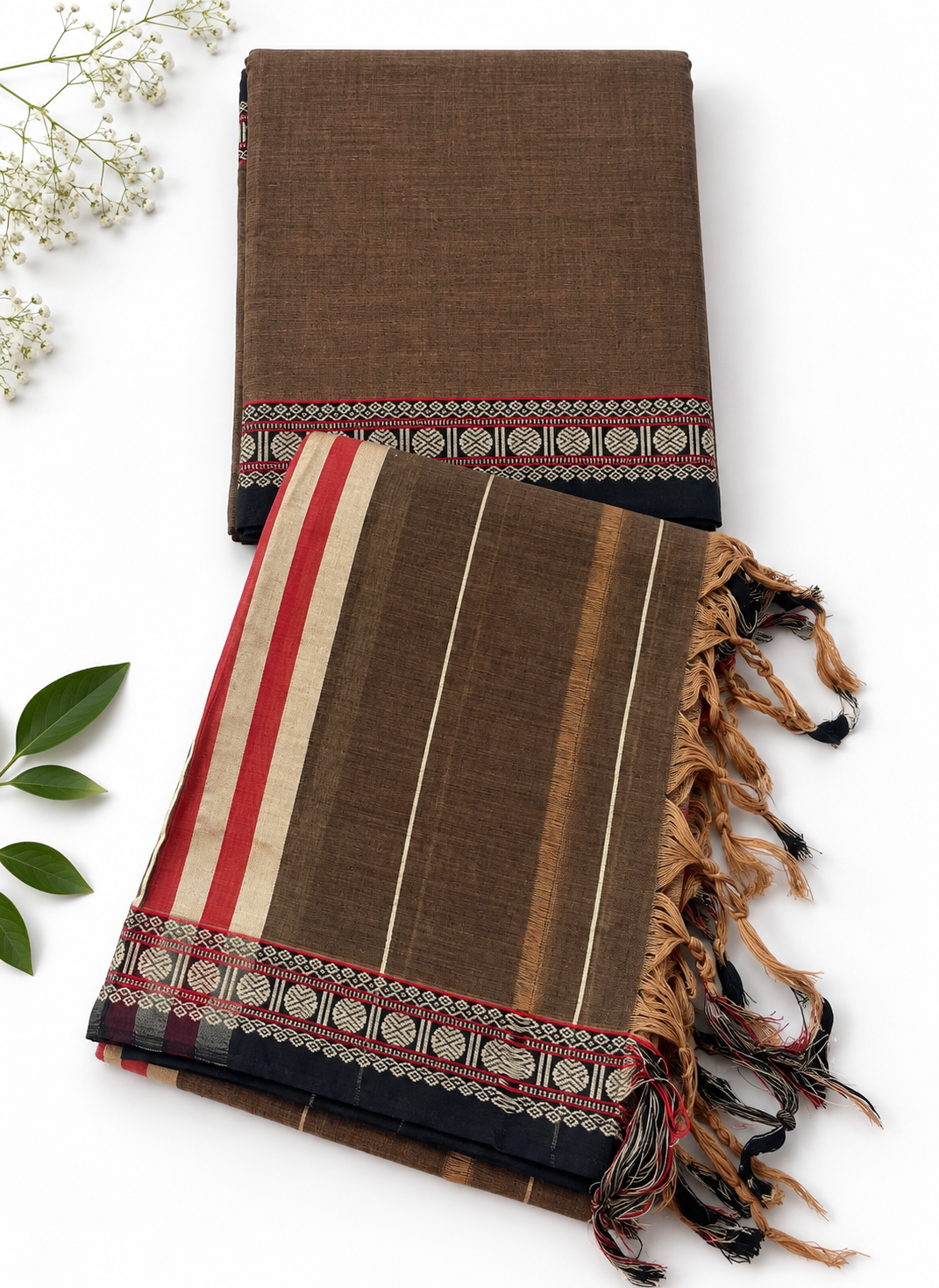 Traditional Narayanpet Mercerised Cotton Dress Material in Coffee Brown | Black Woven Border