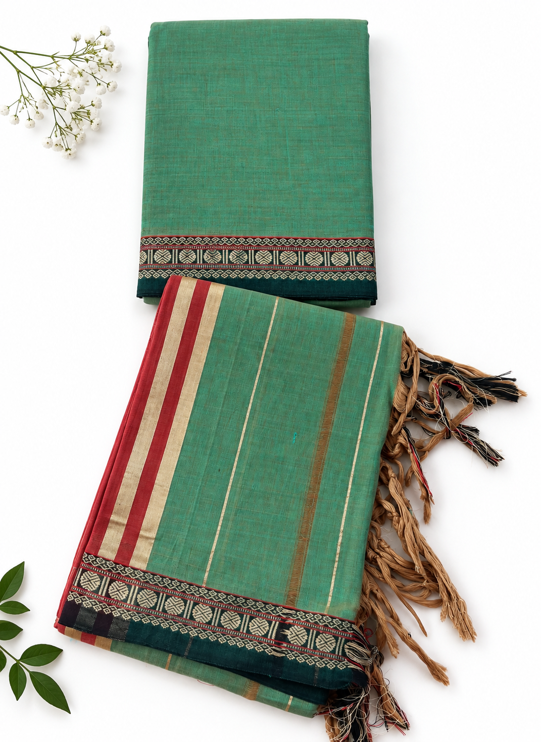 Traditional Narayanpet Mercerised Cotton Dress Material in Teal Green | Dark Green Woven Border
