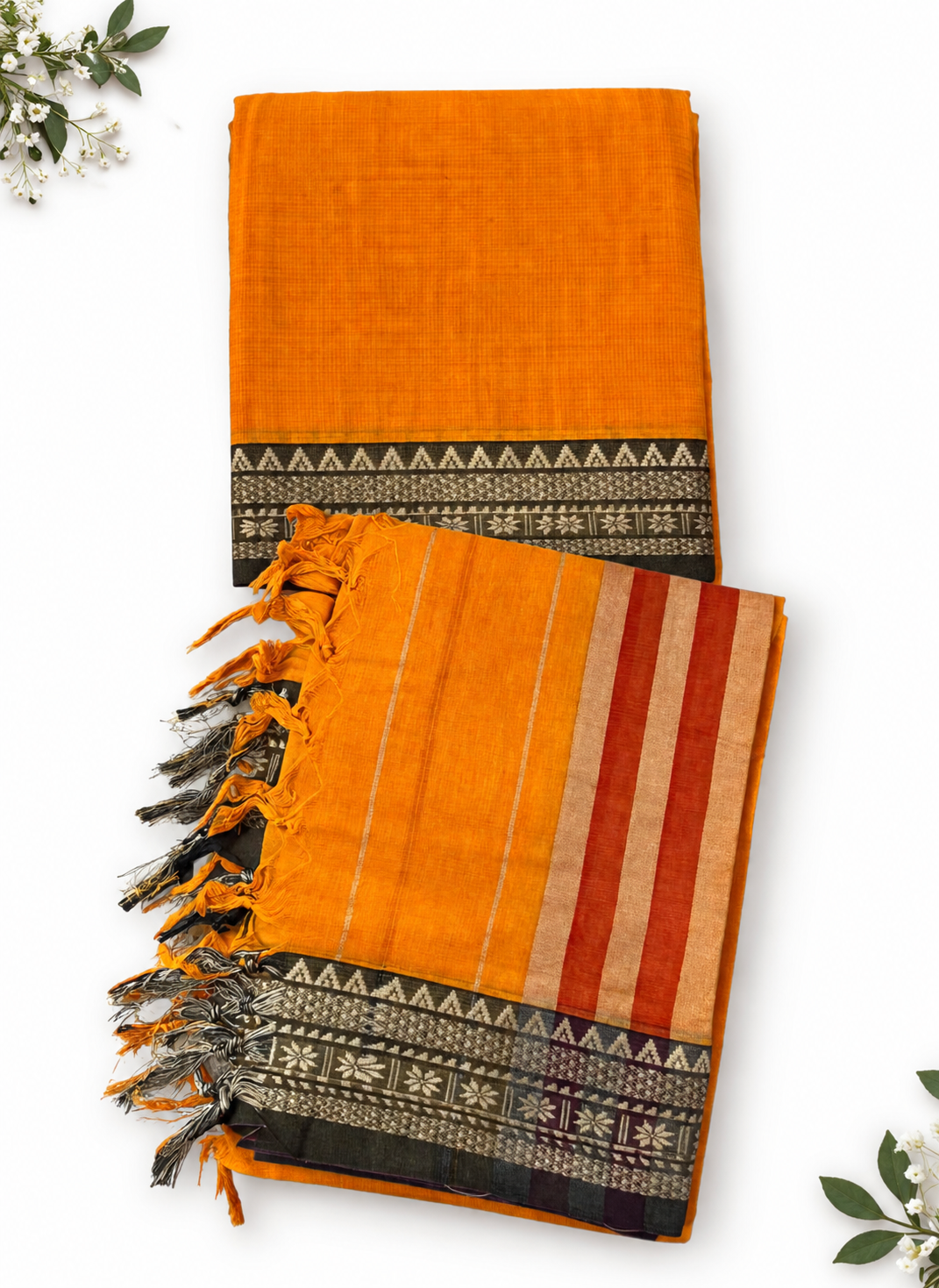 Traditional Narayanpet Mercerised Cotton Dress Material in Bright Orange | Dark Brown Woven Border