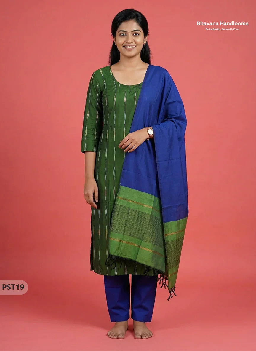 Pochampally Semi Pattu 3PC Kurti Set in Dark Green Colour | Ready-to-Wear Ethnic Wear