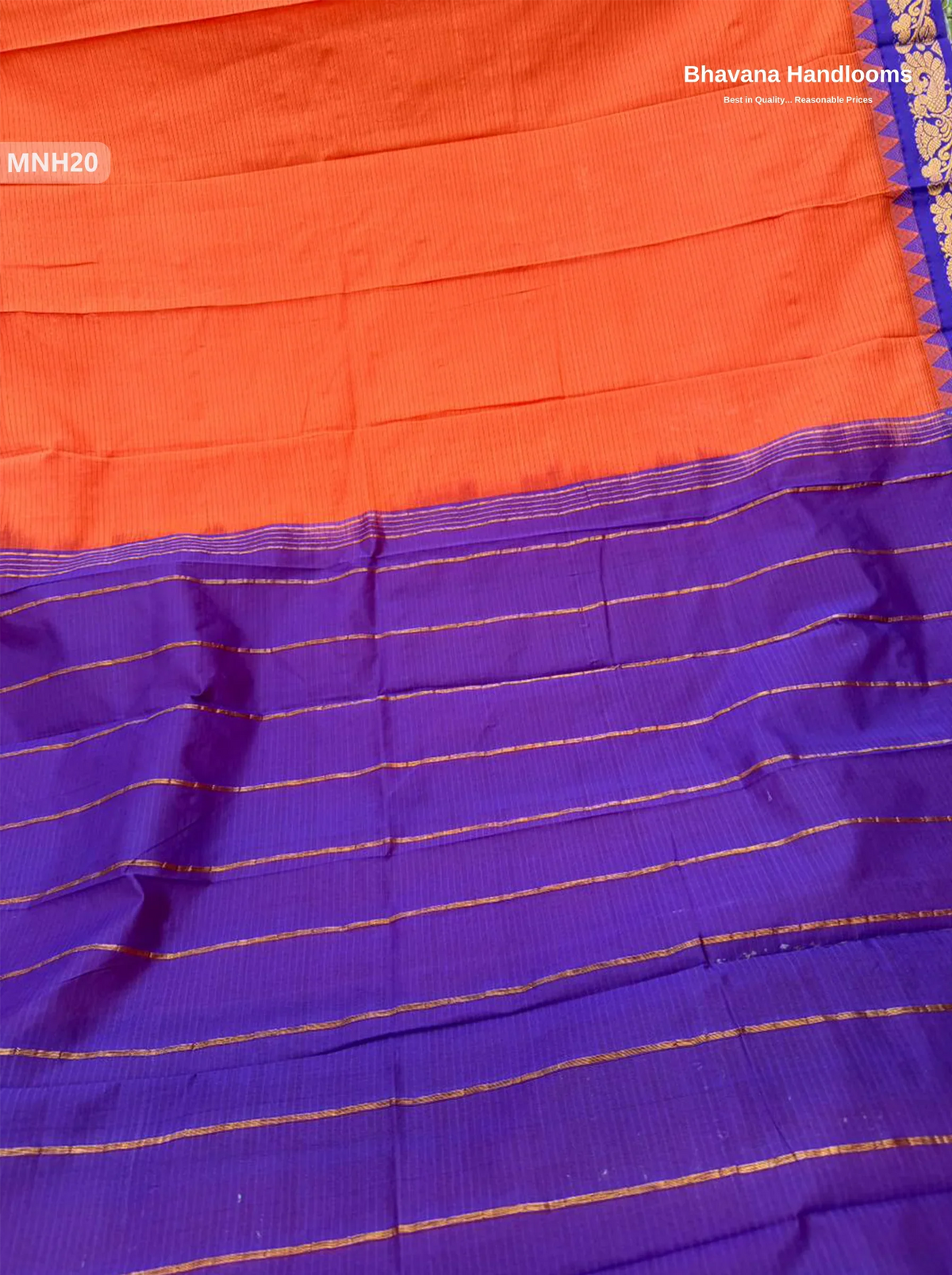Mini Gadwal Cotton Saree in Orange with Small Zari Border | Without Blouse