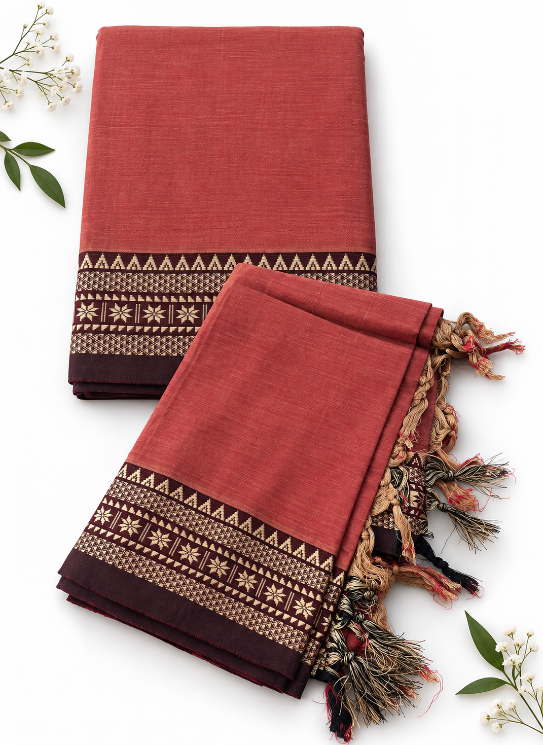 Traditional Narayanpet Mercerised Cotton Dress Material in Dusty Rose Pink | Dark Brown Woven Border