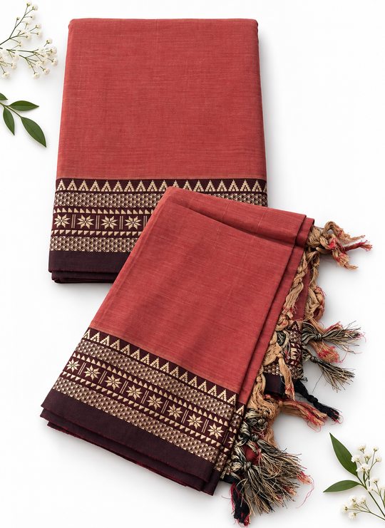 Traditional Narayanpet Mercerised Cotton Dress Material in Dusty Rose Pink | Dark Brown Woven Border