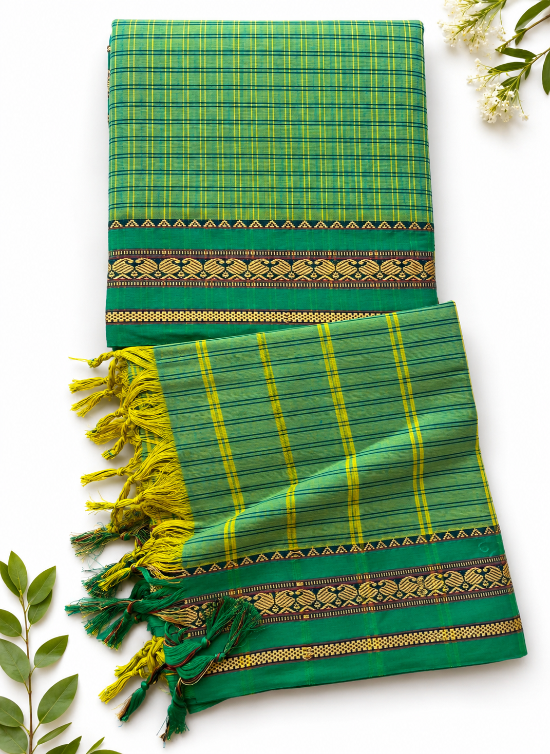 Traditional Wear Narayanpet Mercerised Cotton Dress Material with Teal Green Colour | Woven Border