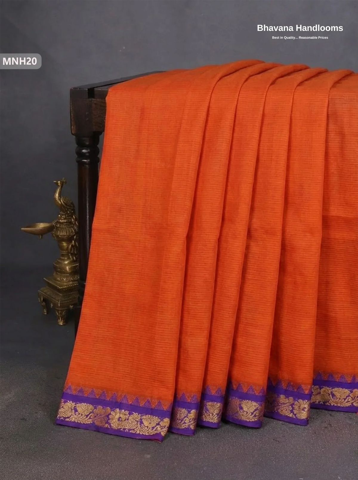 Mini Gadwal Cotton Saree in Orange with Small Zari Border | Without Blouse