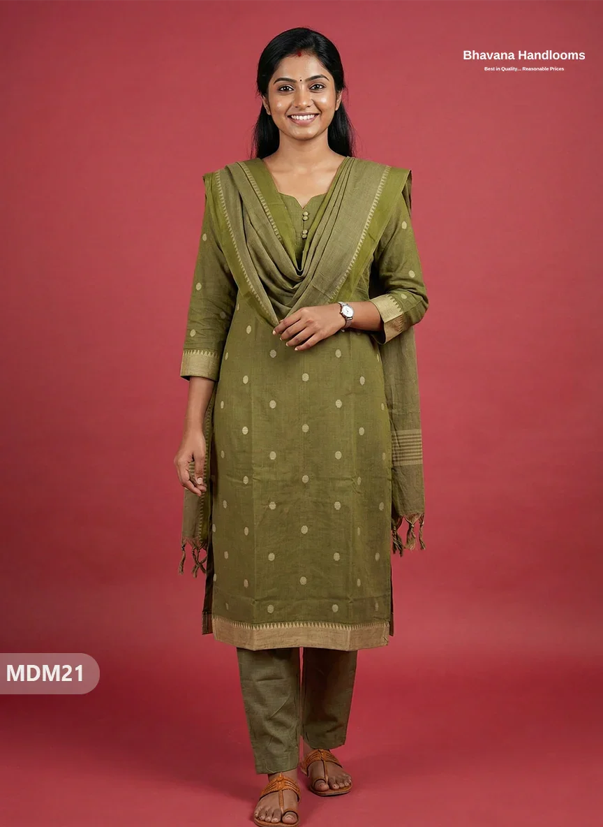 Mangalagiri Cotton 3PC Set with Full-Length Lining & Elastic Pocket Bottom – Indian Mehndi Green (Copy)