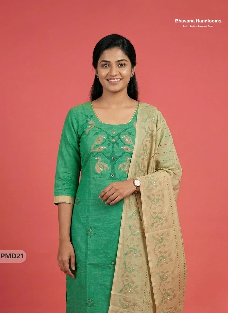 Premium Cyan Green Kurti Set with Birds Print & Mirror Finishing | Ready-to-Wear