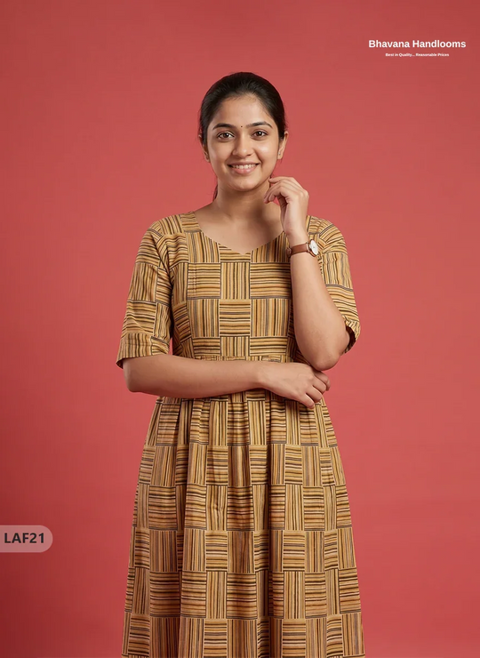 Feeding Frock with Kalamkari Design – Light Brown Color | Invisible Zips | Half Lining Maternity Wear