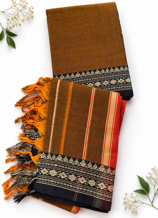 Traditional Narayanpet Mercerised Cotton Dress Material in Mustard Brown | Black Woven Border
