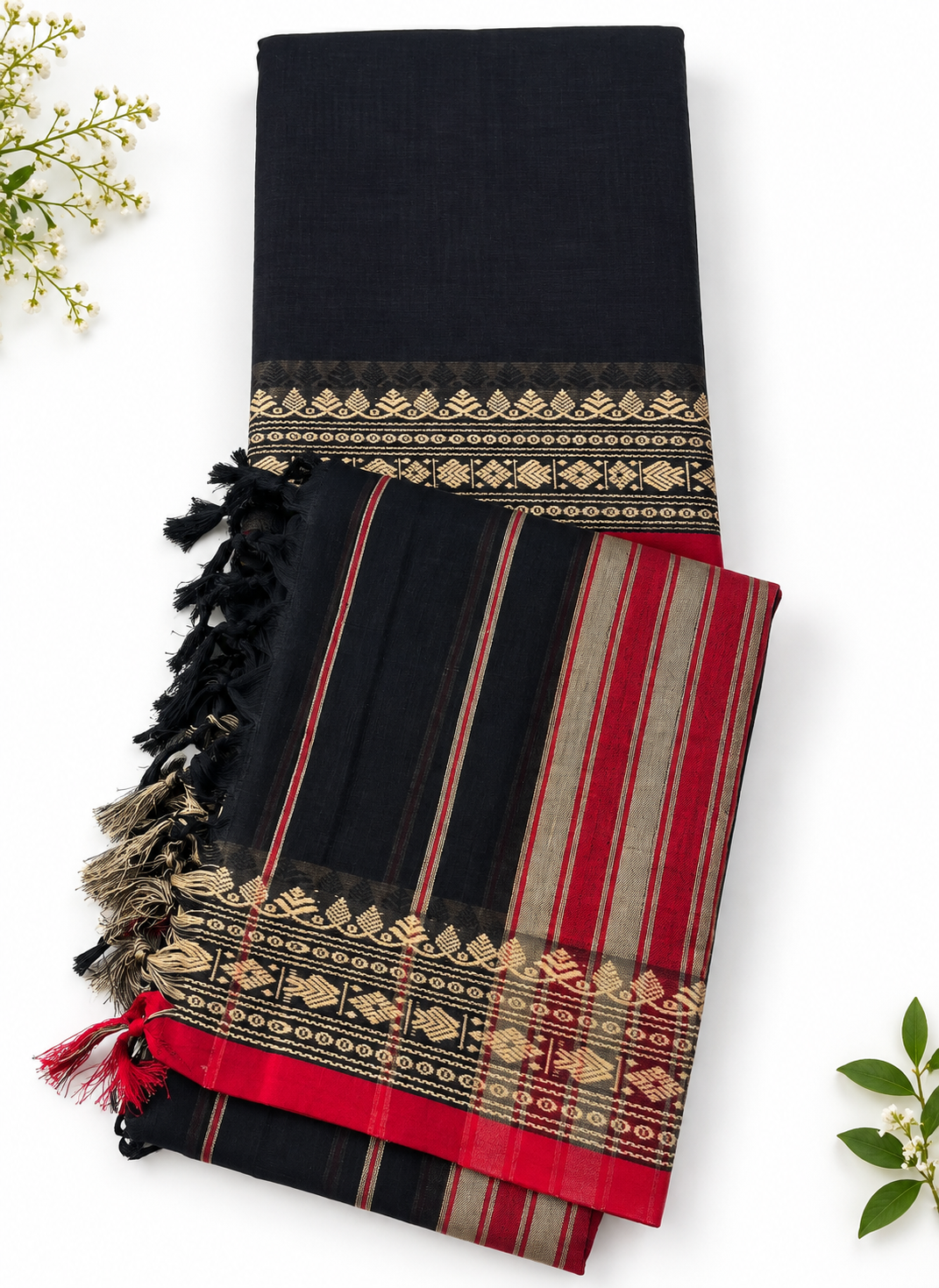 Traditional Narayanpet Mercerised Cotton Dress Material in Black & Red | Black Woven Border
