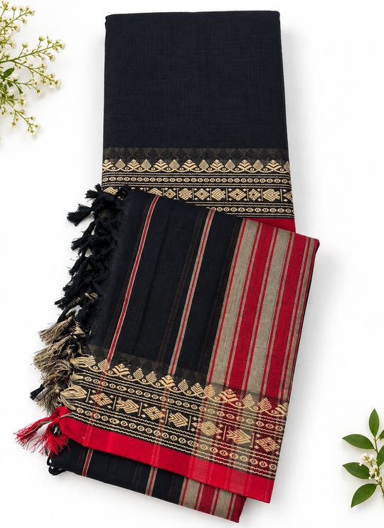 Traditional Narayanpet Mercerised Cotton Dress Material in Black & Red | Black Woven Border