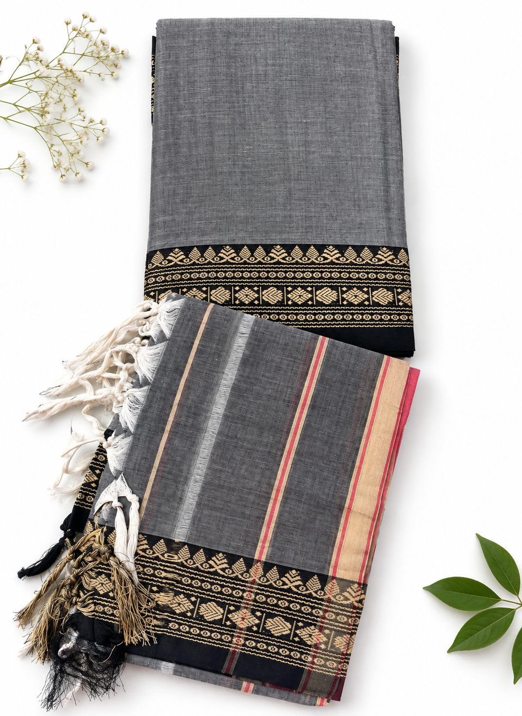 Traditional Narayanpet Mercerised Cotton Dress Material in Charcoal Grey | Black Woven Border