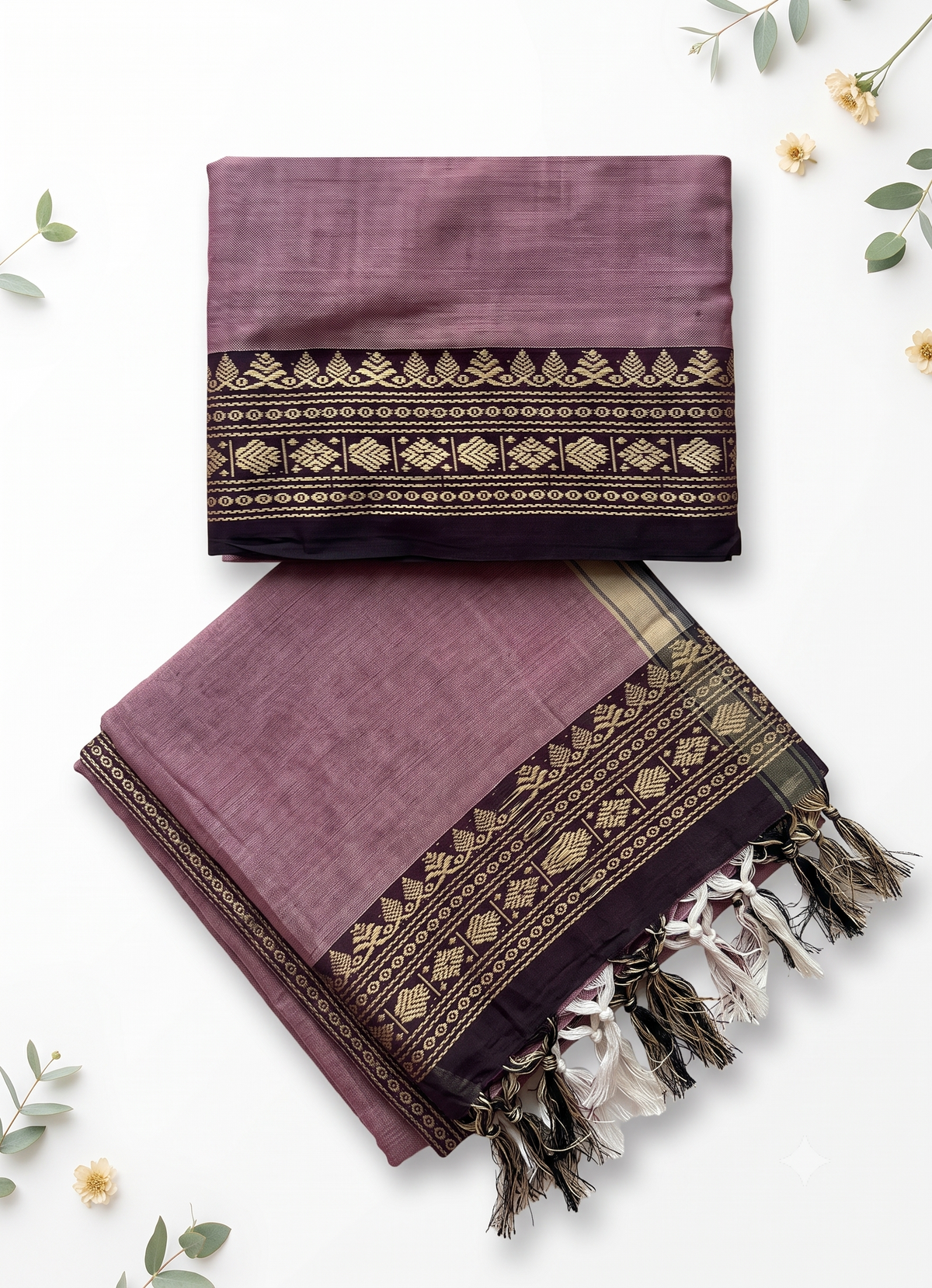 Traditional Wear Narayanpet Mercerised Cotton Dress Material with Dusty Mauve Colour | Dark Brown Woven Border