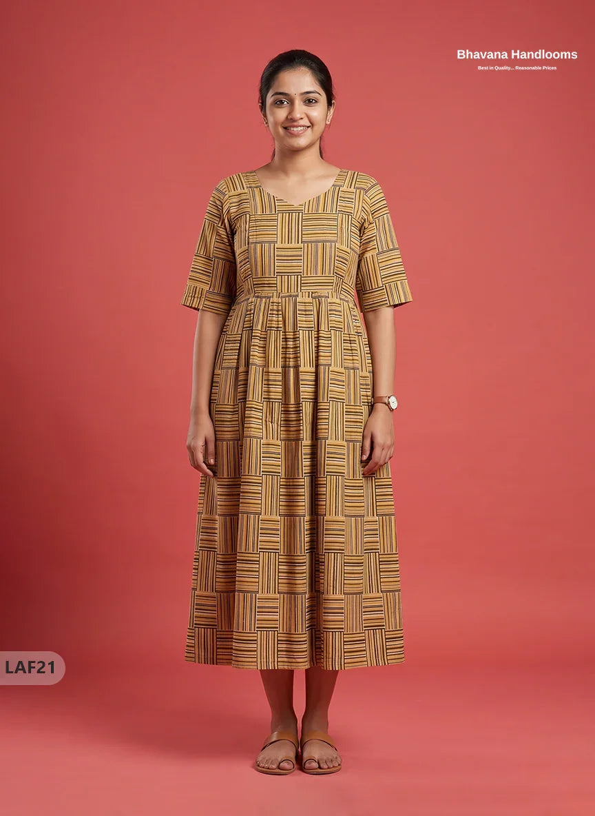 Feeding Frock with Kalamkari Design – Light Brown Color | Invisible Zips | Half Lining Maternity Wear