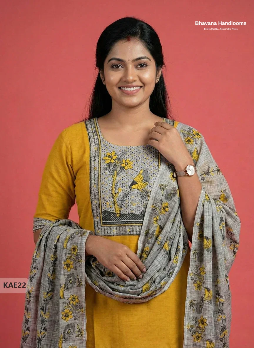 Readymade Cotton Kurti Set in Yellow with Mirror Finishing Design
