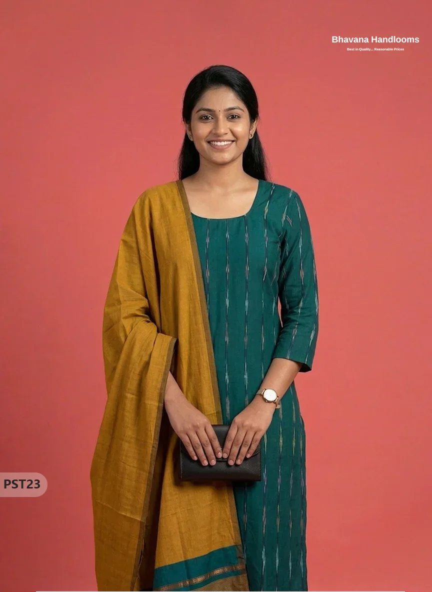 Pochampally Semi Pattu 3PC Kurti Set in Drak Green Colour | Ready-to-Wear Ethnic Wear