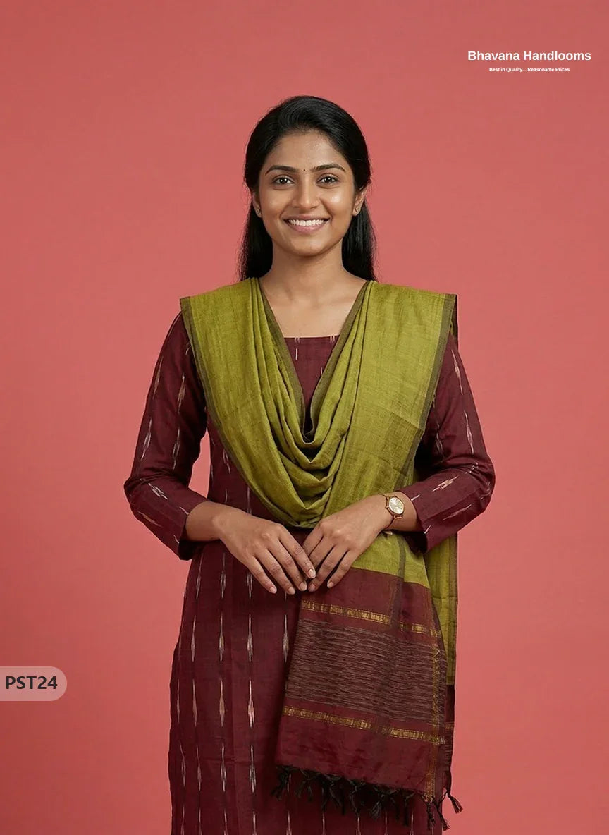 Pochampally Semi Pattu 3PC Kurti Set in Maroon Colour | Ready-to-Wear Ethnic Wear