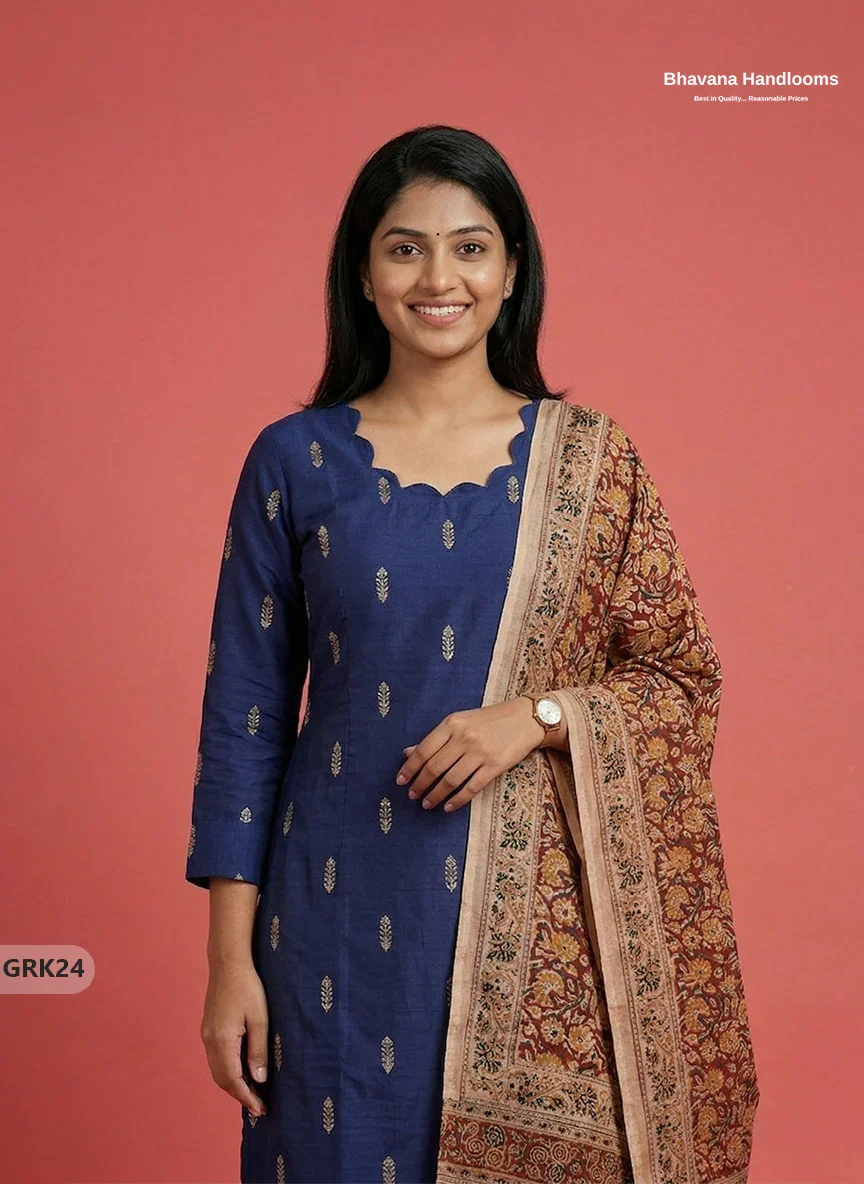 Raw Silk 3PC Kurti Set with Kalamkari Dupatta & Elastic Bottom in Blue Colour | Ethnic Wear