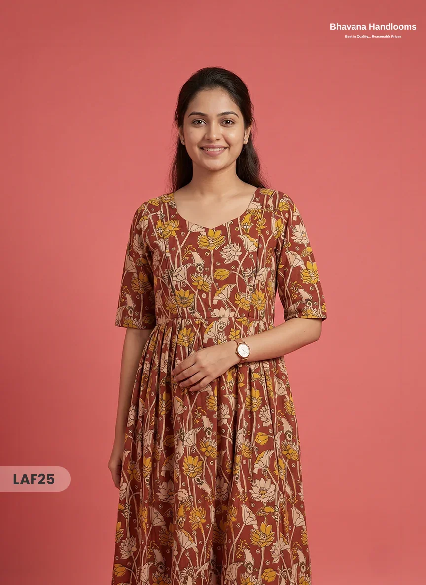 Feeding Frock with Kalamkari Design β Red Color | Invisible Zips | Half Lining Maternity Wear