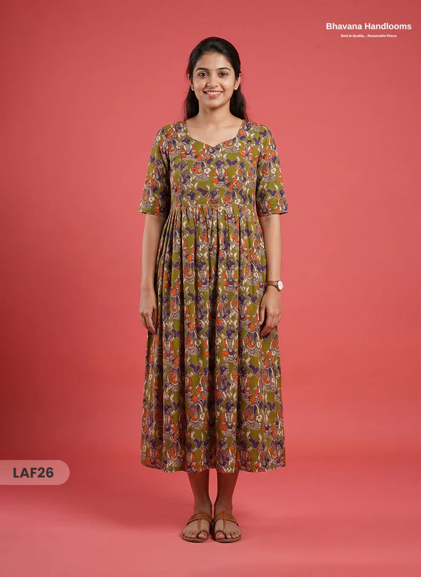 Feeding Frock with Kalamkari Design β Pesara Green Color | Invisible Zips | Half Lining Maternity Wear