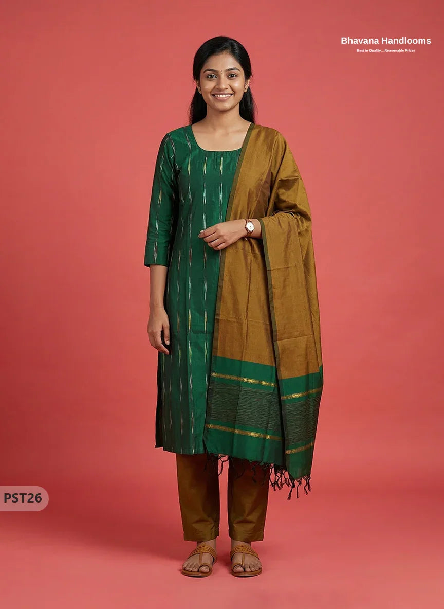 Pochampally Semi Pattu 3PC Kurti Set in Green Colour | Ready-to-Wear Ethnic Wear