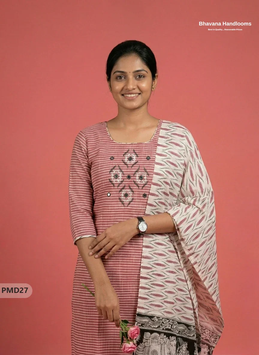 Premium Cotton 3PC Kurti Set with Embroidery & Mirror Work in Pink Colour | Ready-to-Wear Ethnic Wear
