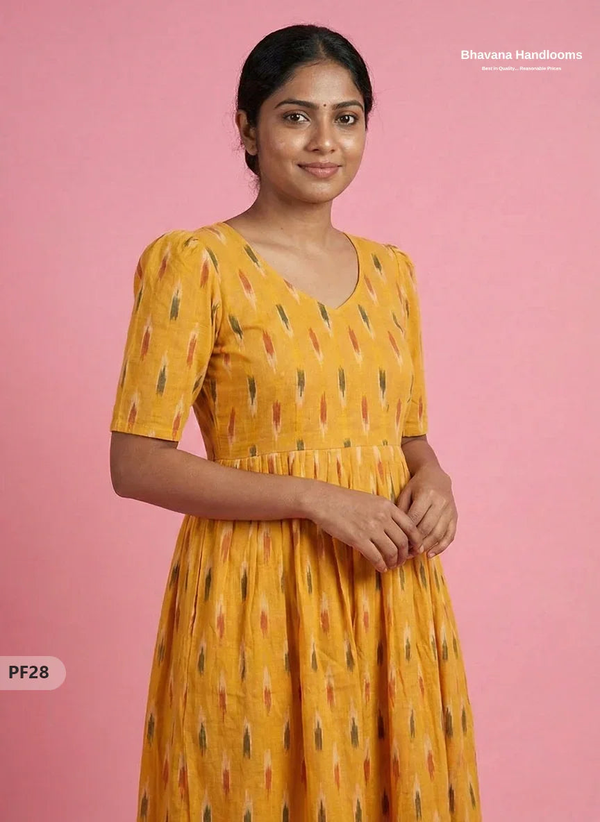 Handcrafted Pochampally Yellow Cotton Frock with Knot Detailing – Ethnic Wear for Women