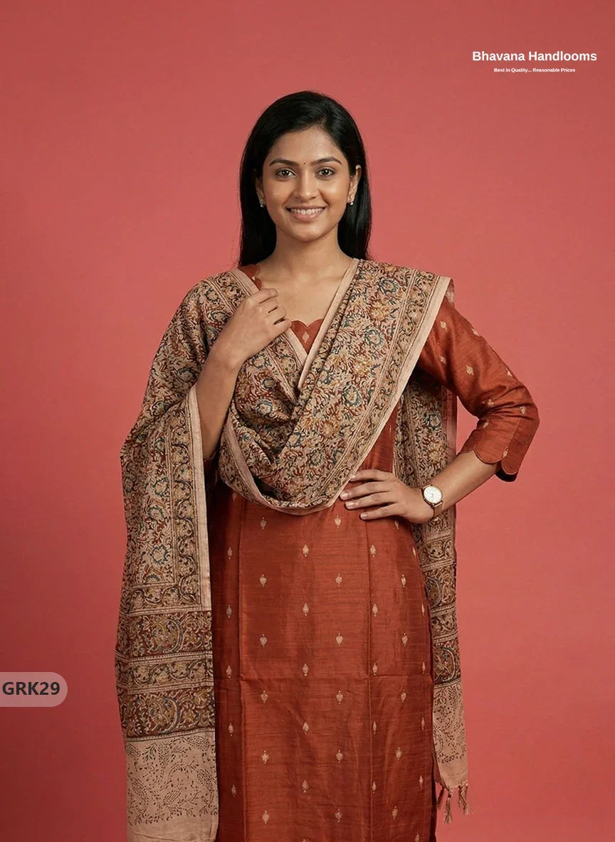 Raw Silk 3PC Kurti Set with Kalamkari Dupatta & Elastic Bottom in Orange Colour | Ethnic Wear