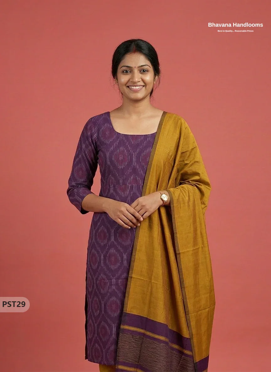 Pochampally Semi Pattu 3PC Kurti Set in Purple Colour | Ready-to-Wear Ethnic Wear