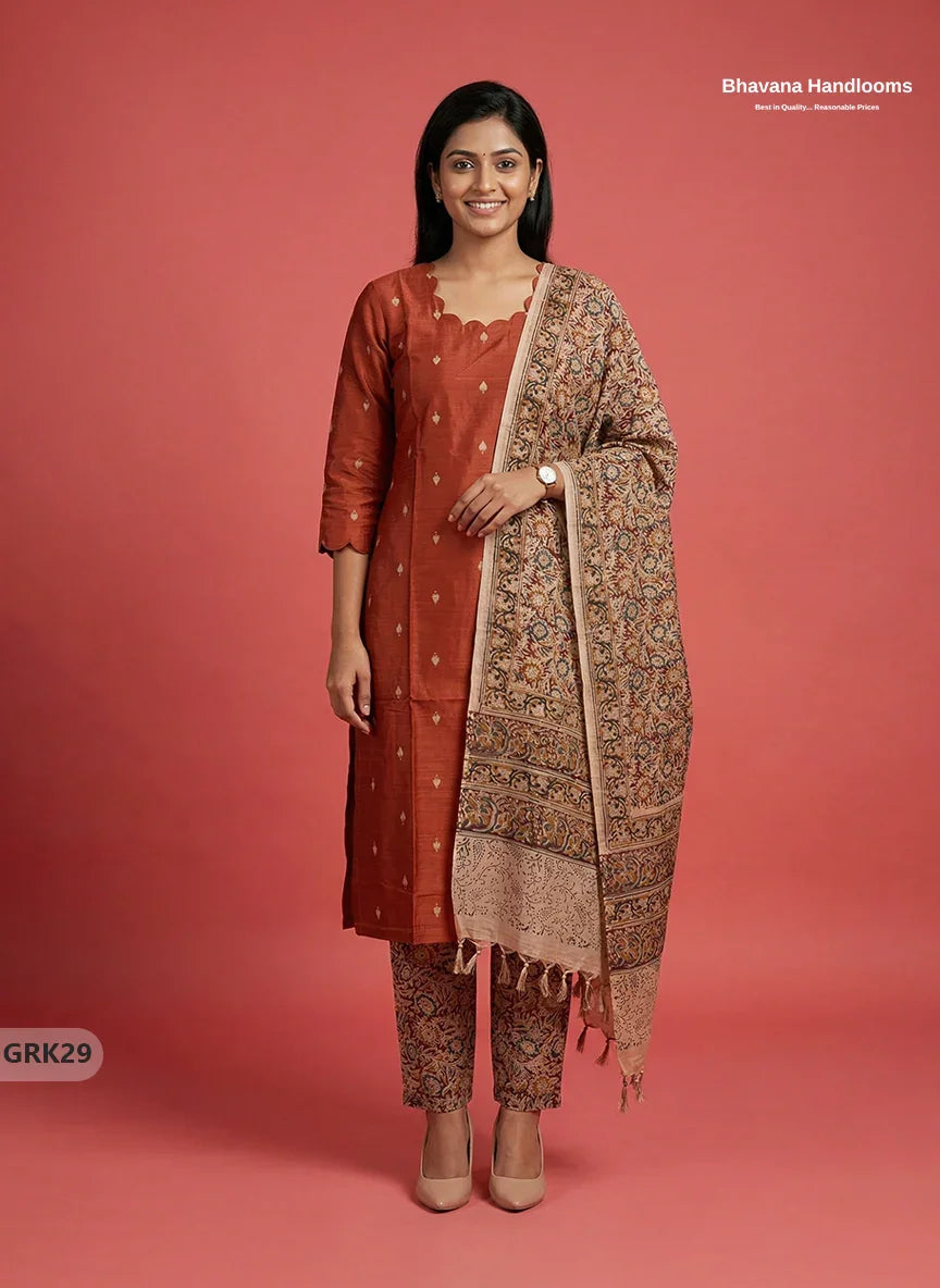 Raw Silk 3PC Kurti Set with Kalamkari Dupatta & Elastic Bottom in Orange Colour | Ethnic Wear