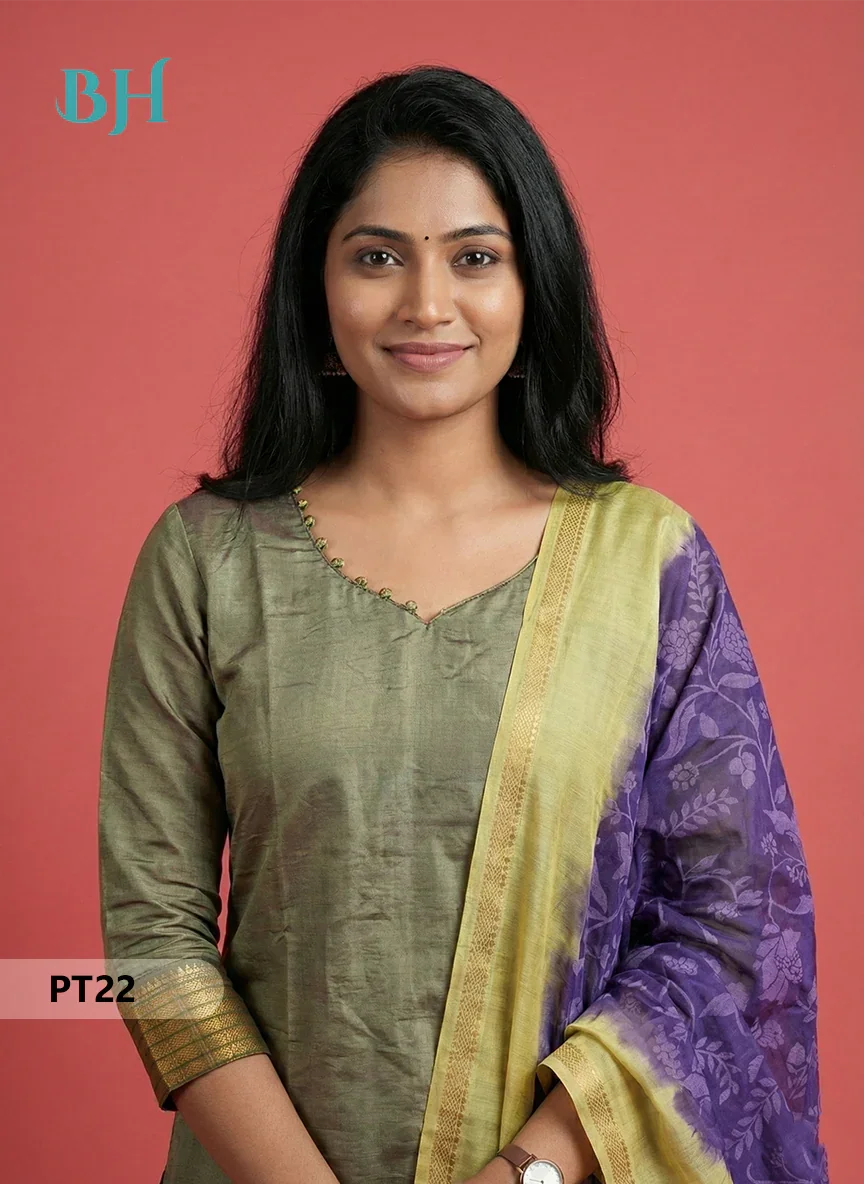 Mangalagiri Semi Pattu Dress Set in Granite Green | 2pc Kurti with Chennuri Silk Dupatta
