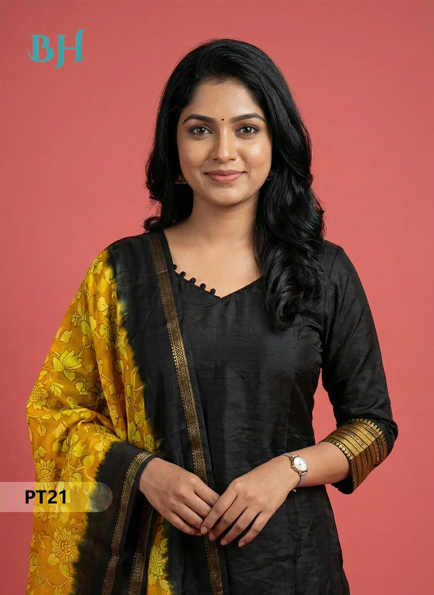 Mangalagiri Semi Pattu Dress Set in Black | 2pc Kurti with Chennuri Silk Dupatta