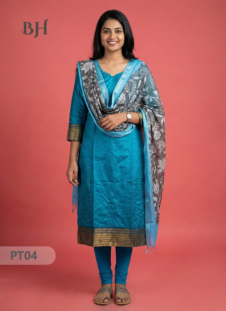 Mangalagiri Semi Pattu Dress Set in Peacock Blue | 2pc Kurti with Kalamkari Semi Pattu Dupatta