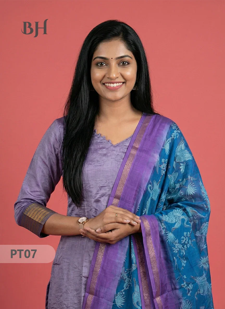 Mangalagiri Semi Pattu Dress Set in Pastel Purple | 2pc Kurti with Kalamkari Semi Pattu Dupatta