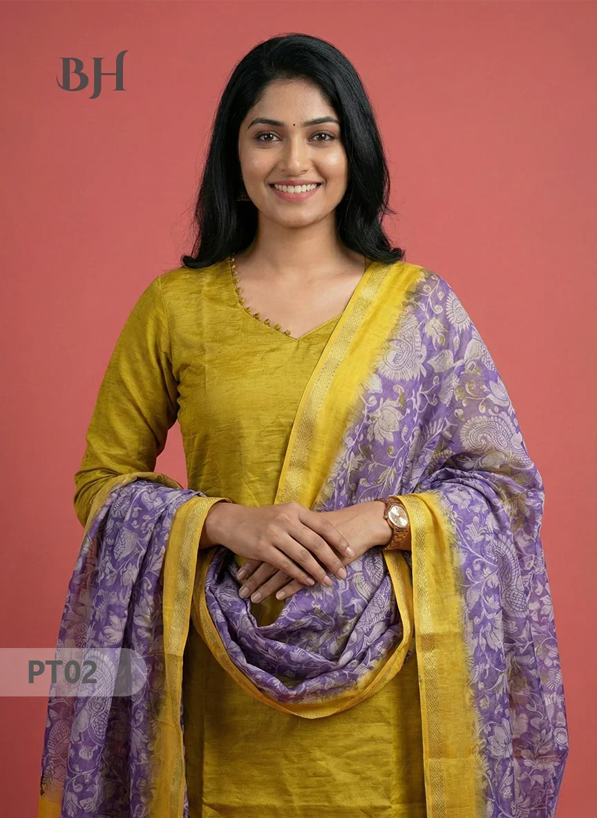 Mangalagiri Semi Pattu Dress Set in Satin Gold | 2pc Kurti with Kalamkari Semi Pattu Dupatta
