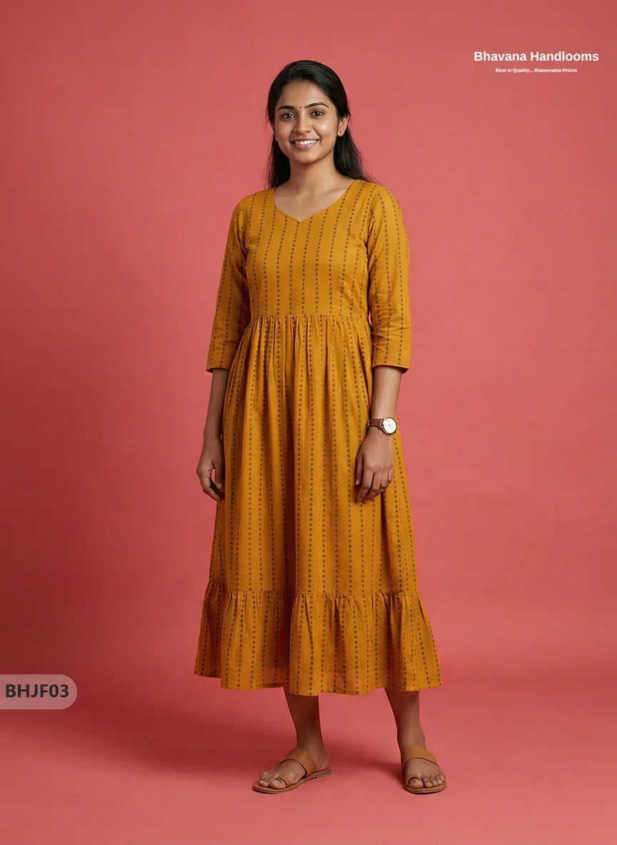 Premium Yellow Jacquard Woven Frock with Half Length Lining