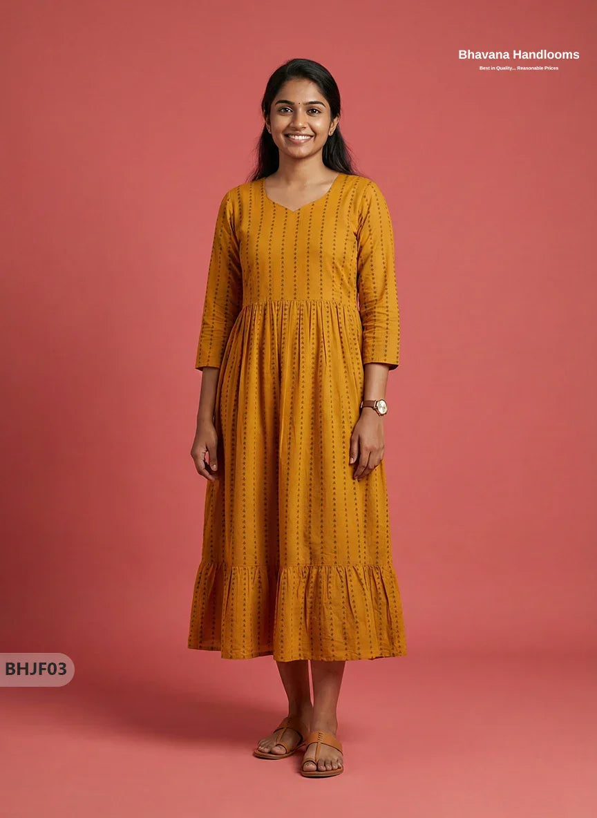 Premium Yellow Jacquard Woven Frock with Half Length Lining