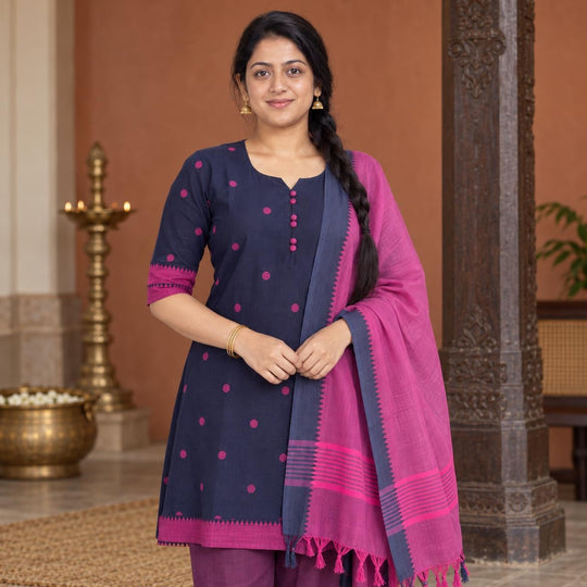 Mangalagiri Cotton 3PC Set with Full-Length Lining & Elastic Pocket Bottom – Navy Blue & Pink