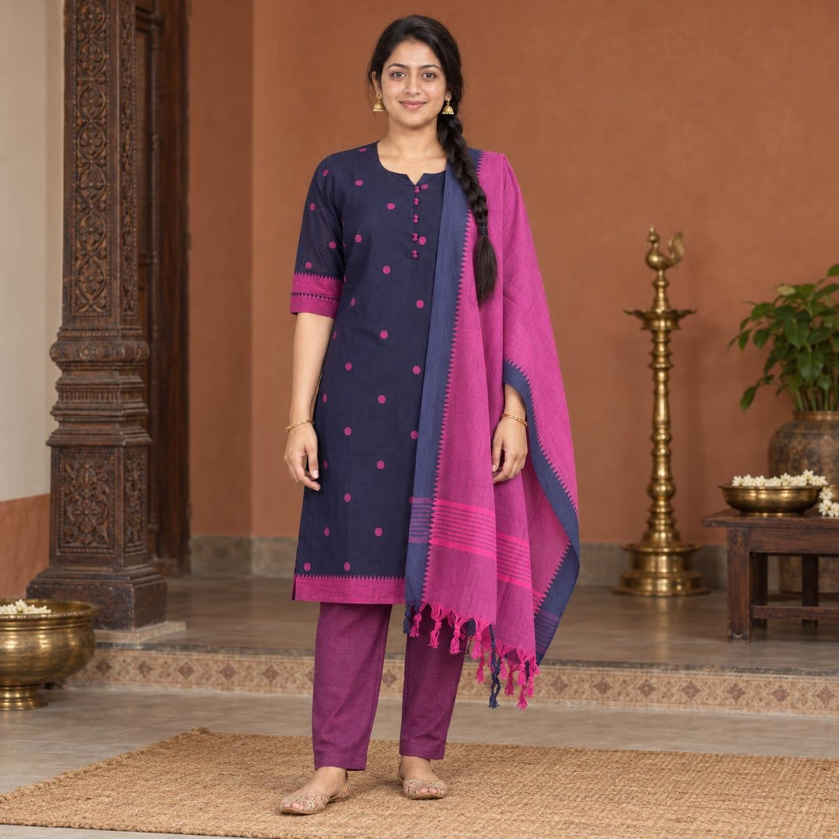Mangalagiri Cotton 3PC Set with Full-Length Lining & Elastic Pocket Bottom – Navy Blue & Pink