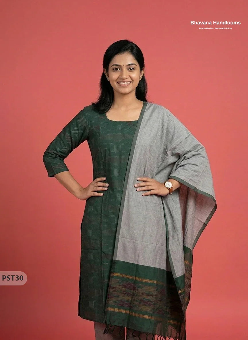 Pochampally Semi Pattu 3PC Kurti Set in Drak Green Colour | Ready-to-Wear Ethnic Wear