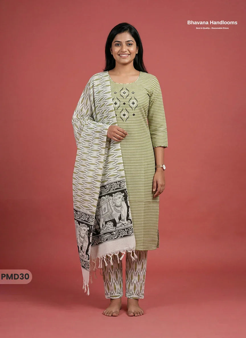 Premium Cotton 3PC Kurti Set with Embroidery & Mirror Work in Pista Green Colour | Ready-to-Wear Ethnic Wear