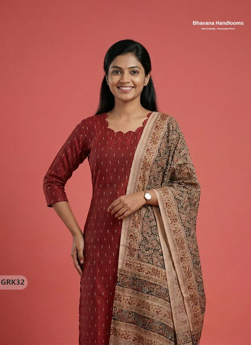Raw Silk 3PC Kurti Set with Kalamkari Dupatta & Elastic Bottom in Maroon Colour | Ethnic Wear