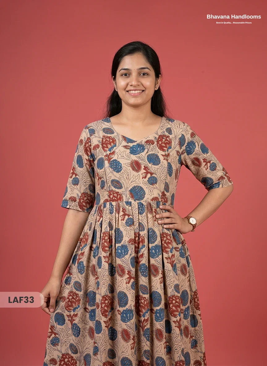 Feeding Frock with Kalamkari Design – Beige Color | Invisible Zips | Half Lining Maternity Wearb