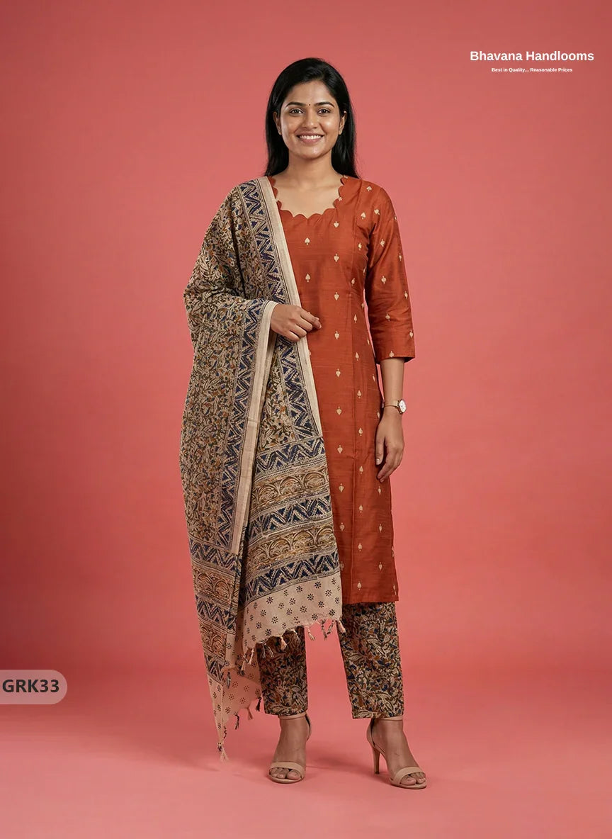 Raw Silk 3PC Kurti Set with Kalamkari Dupatta & Elastic Bottom in Orange Colour | Ethnic Wear